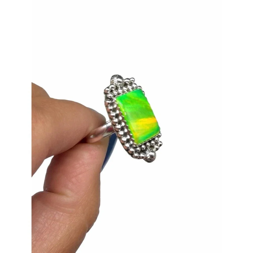 Aurora Fire Opal Ring Size 8 Solid 925 Sterling Silver Aura Lime Green